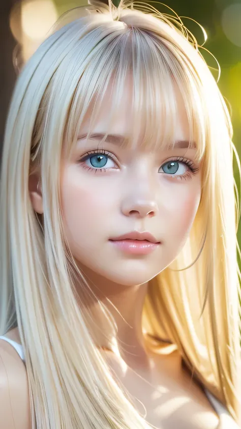 beautiful white shiny skin 、a very white scandinavian beauty、 blonde hair color that changes with light 、 long bangs blocking th...