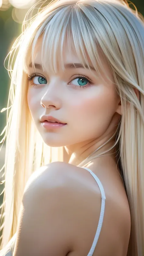 beautiful white shiny skin 、a very white scandinavian beauty、 blonde hair color that changes with light 、 long bangs blocking th...