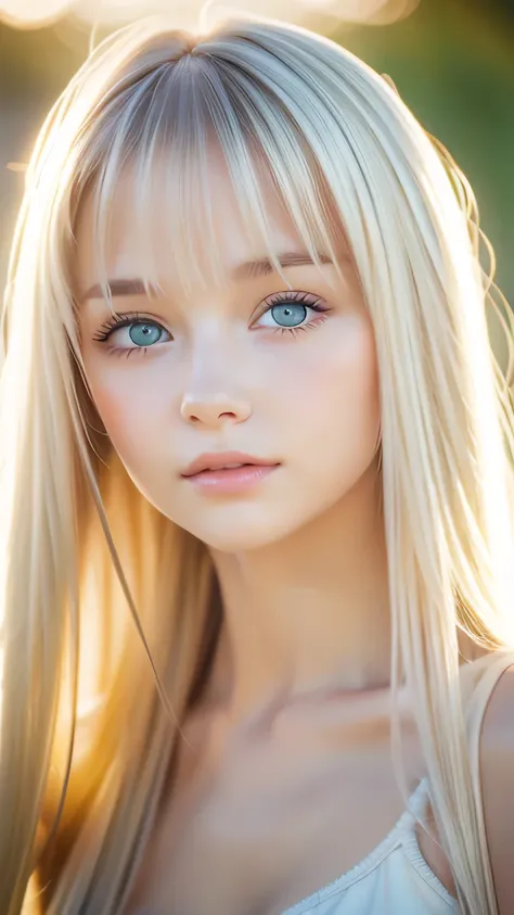 beautiful white shiny skin 、a very white scandinavian beauty、 blonde hair color that changes with light 、 long bangs blocking th...