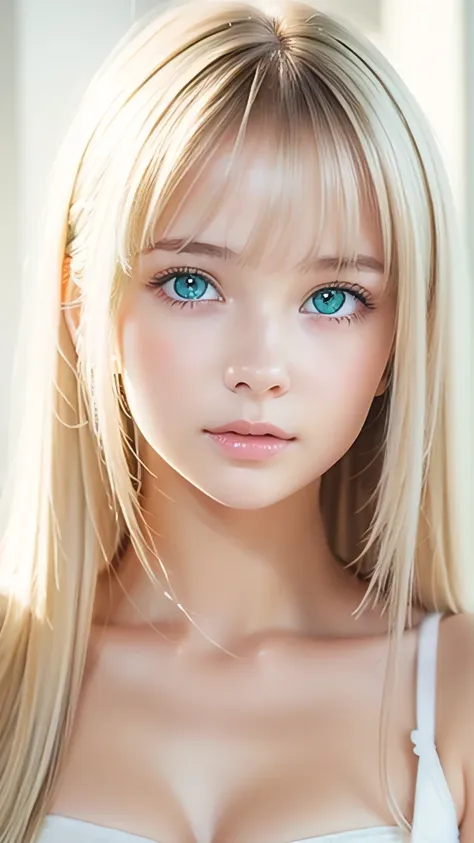 beautiful white shiny skin 、a very white scandinavian beauty、 blonde hair color that changes with light 、 long bangs blocking th...