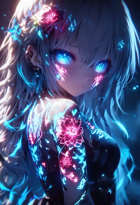 anime screenshot 、  artistic illustration of a female anime character adorned with glowing neon roses and energy tattoos、 her bo...