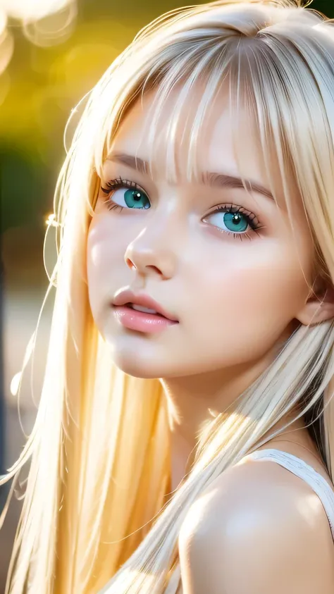 beautiful white shiny skin 、a very white scandinavian beauty、 blonde hair color that changes with light 、 long bangs blocking th...