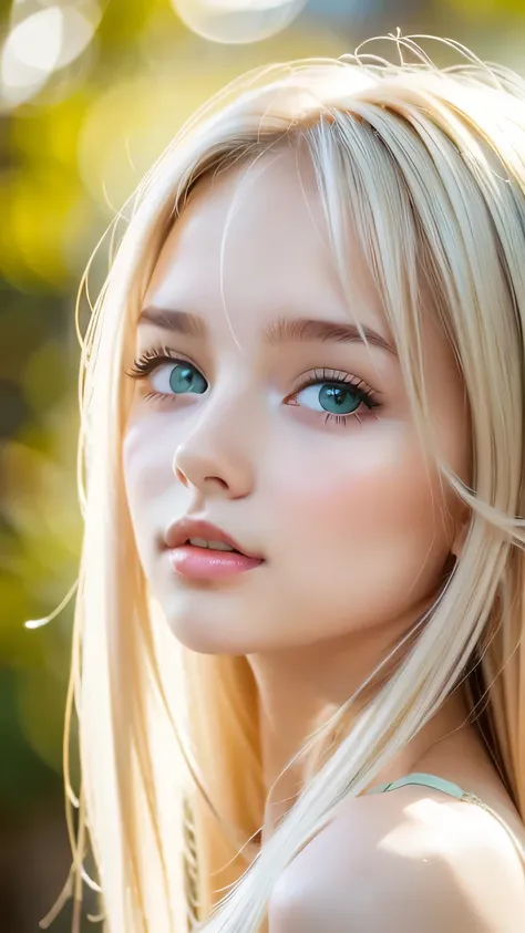 beautiful white shiny skin 、a very white scandinavian beauty、 blonde hair color that changes with light 、 long bangs blocking th...