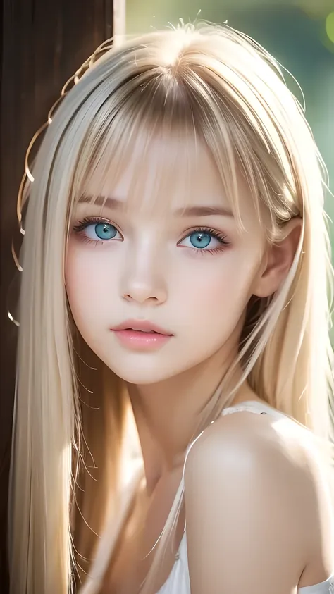 beautiful white shiny skin 、a very white scandinavian beauty、 blonde hair color that changes with light 、 long bangs blocking th...