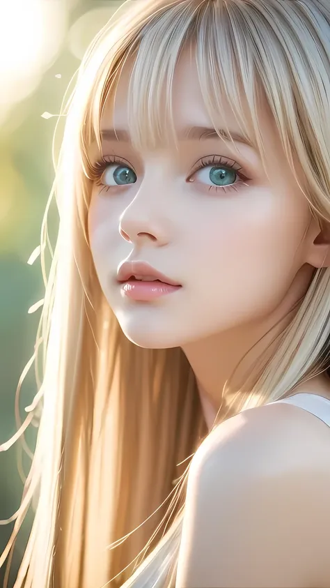 beautiful white shiny skin 、a very white scandinavian beauty、 blonde hair color that changes with light 、 long bangs blocking th...