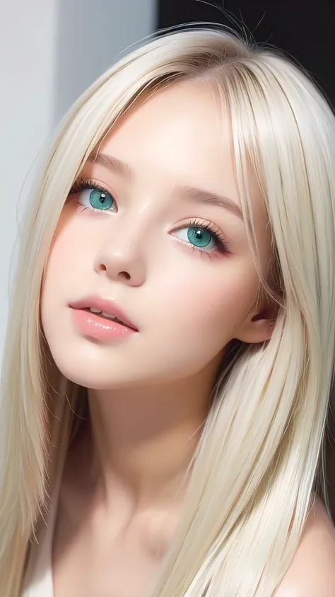 beautiful white shiny skin 、a very white scandinavian beauty、 blonde hair color that changes with light 、 long bangs blocking th...