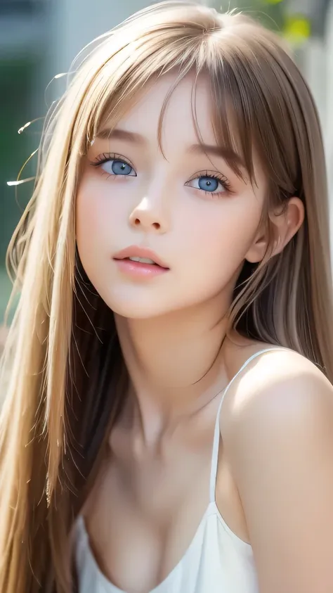 beautiful white shiny skin 、a very white scandinavian beauty、 blonde hair color that changes with light 、 long bangs blocking th...