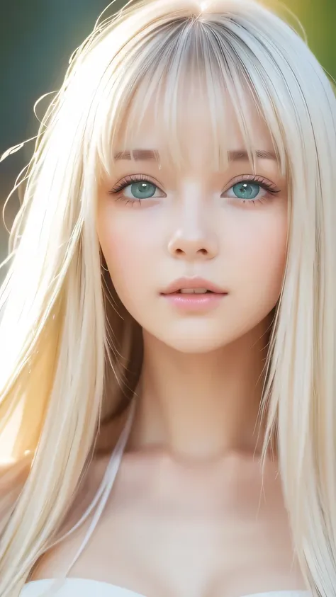 beautiful white shiny skin 、a very white scandinavian beauty、 blonde hair color that changes with light 、 long bangs blocking th...