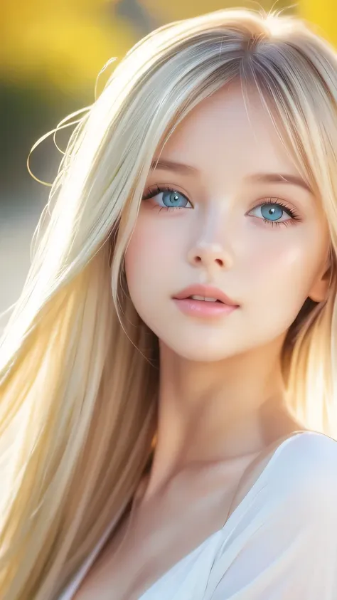 beautiful white shiny skin 、a very white scandinavian beauty、 blonde hair color that changes with light 、 long bangs blocking th...