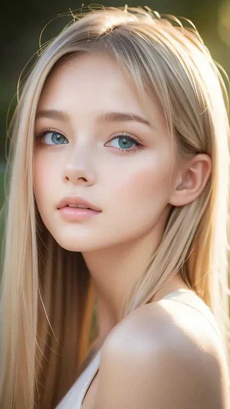 beautiful white shiny skin 、a very white scandinavian beauty、 blonde hair color that changes with light 、 long bangs blocking th...