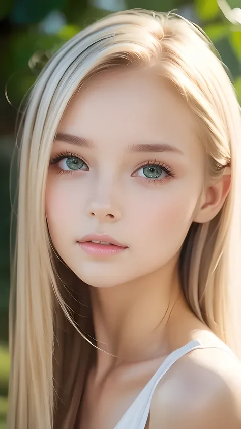 beautiful white shiny skin 、a very white scandinavian beauty、 blonde hair color that changes with light 、 long bangs blocking th...