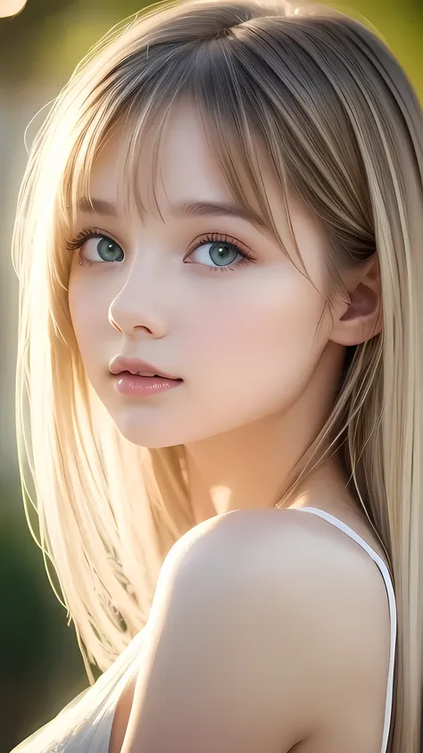 beautiful white shiny skin 、a very white scandinavian beauty、 blonde hair color that changes with light 、 long bangs blocking th...