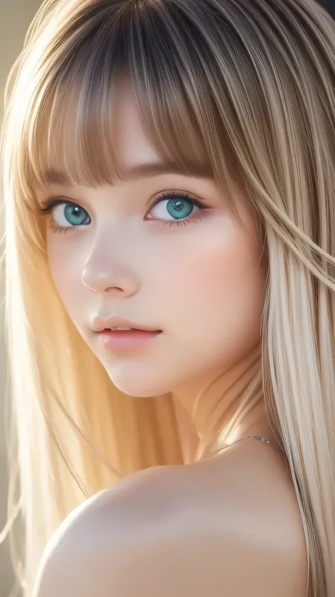 beautiful white shiny skin 、a very white scandinavian beauty、 blonde hair color that changes with light 、 long bangs blocking th...