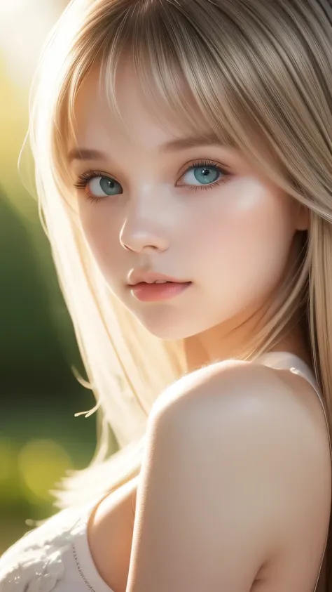 beautiful white shiny skin 、a very white scandinavian beauty、 blonde hair color that changes with light 、 long bangs blocking th...