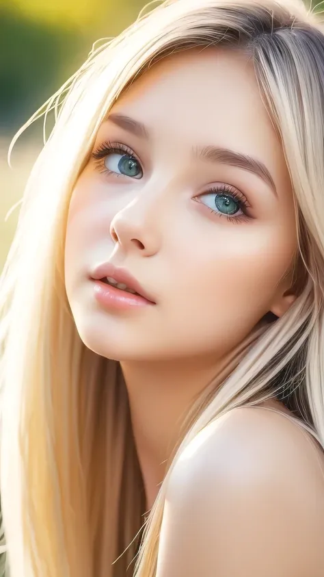 beautiful white shiny skin 、a very white scandinavian beauty、 blonde hair color that changes with light 、 long bangs blocking th...