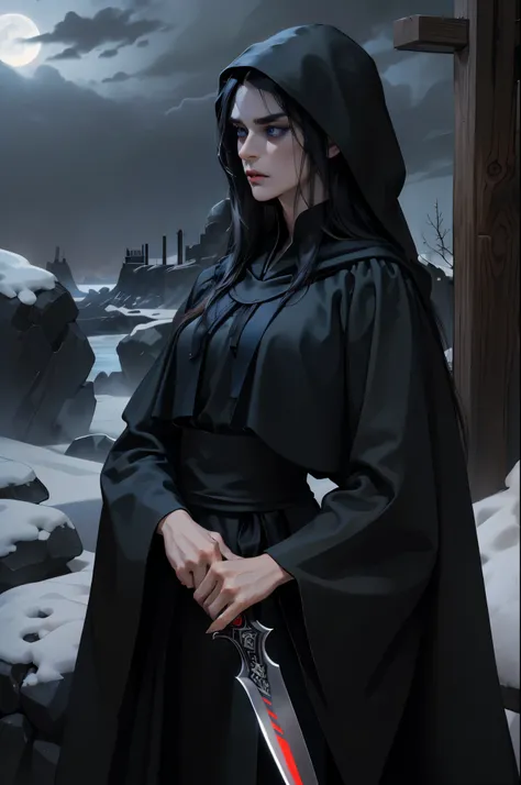 game cover, (red twilight in the background), ( Digital art , digital illustration , 4K, Ultra detailed , sharp image , incredible eyes , incredible detail) 1 woman, in the hood, with a knife in hand (( black hair , long hair , long fac...