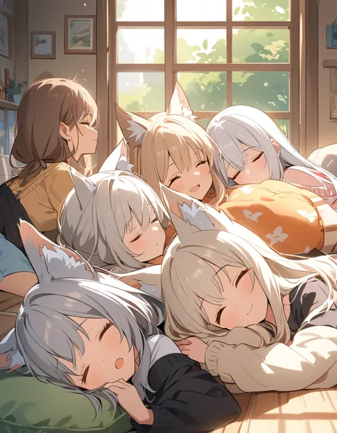 illustration, best quality, 4girls, one girl with white hair and fox ears sleeping peacefully, lying on her stomach, other three girls with fox ears watching her with playful expressions, cozy indoor room, bright natural light from window, casual outfits, ...