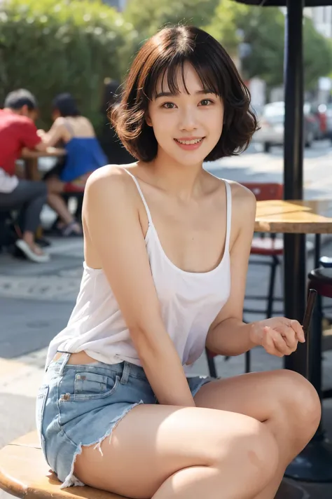 Show me a woman who will surprise everyone. full body shot using wide lens, In New Orleans bourbon street, sitting in cafe while drinking coffee at open air street side table、Antique cafe with a retro atmosphere, Tight fitting slinky T shirt and short pan...