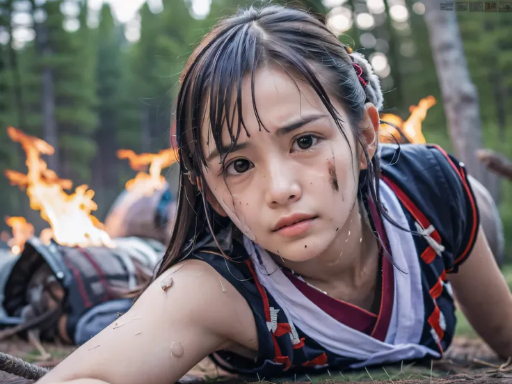 (low angle shot of one slender small breasts half up brown long hair with bangs girl in a samurai silver armor:1.5)、(one girl is...