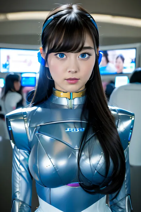 masterpiece, Best Quality, Extremely detailed, 8K portrait,Japaese android girl,Plump , control panels,Robot arms and legs, Blunt bangs,perfect robot girl,a bit chubby,white gloves,chest monitor,blue eyes,Charging spot,She is exhibits,exibition hall,promo ...