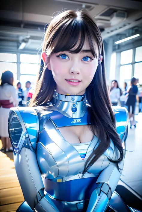 masterpiece, Best Quality, Extremely detailed, 8K portrait,Japaese android girl,Plump , control panels,Robot arms and legs, Blunt bangs,perfect robot girl,a bit chubby,white gloves,chest monitor,blue eyes,Charging spot,She is exhibits,exibition hall,promo ...