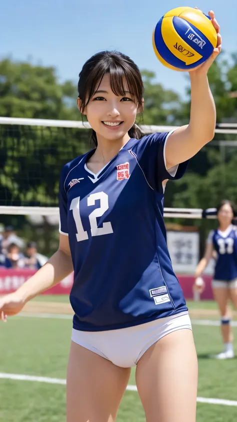 Highest quality、Realistically、Radiant Skin、mature Japanese woman、 Gravure Idol、 slender、 Volleyball Field with Spectators、Volleyball Wear 、(( Volleyball Bloomers ))、Smiling at the camera、