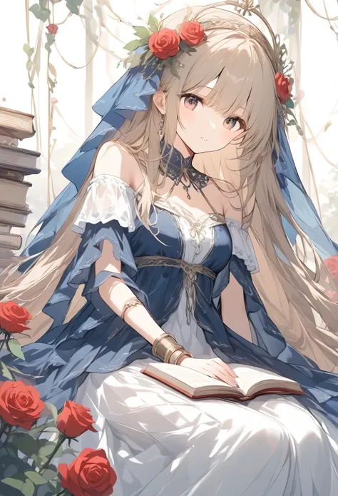 Light line drawing、Light color、doll、Rose Maiden 、 gothic dress 、Ball joints、sit、 old book on the side 、 surround it with red roses,close-up