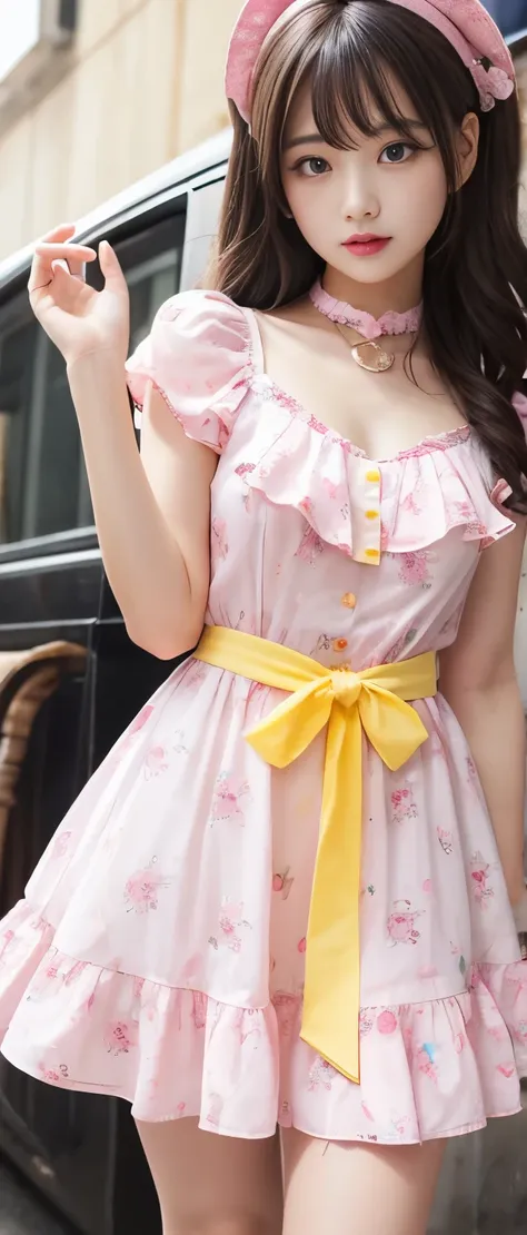 gorgeous candy idol girl 、whole body、　good style、、、、、、、、、、thick legs、、、pink and yellow marble pattern candy dress、、ghost belt 、a...