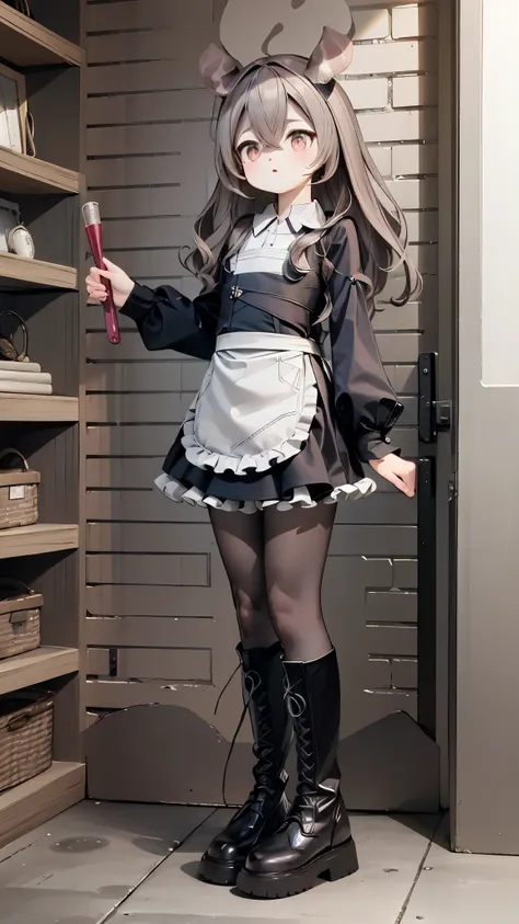 line-up，，Koukornidome doll， black leather boots ，  white pantyhose ,Maid costume