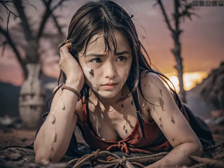 (Low angle shot of one slender small breasts dark silver long hair with swept bangs girl in a samurai silver armor:1.5)、(One girl is lying with her back behind on the wilderness land at the Sengoku period in Japan with crying dirty sperm splashed face:1.5)...