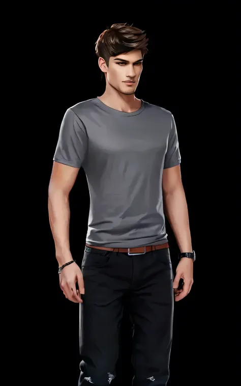 a man in a gray shirt and black pants standing, gray shirt, handsome stunning realistic, male character, official product image, wearing casual clothes, realistic clothing, casual clothing, modern casual clothing, wearing casual clothing, full body single ...
