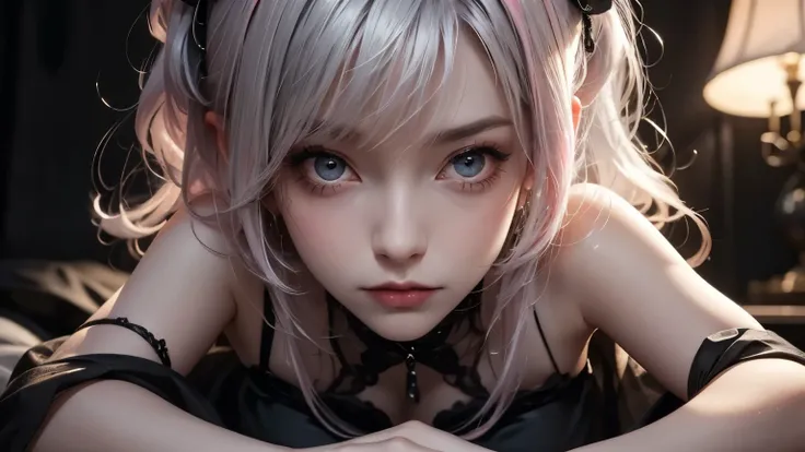 {shooting from a high vantage point}, in the night, lighting out, lying down on stomack, on the bed, wearing black see-through lingerie, gothic lolita fashion, looking up from below, gaze of temptation, blank look, shiny silver and pink hair, pompadour hai...