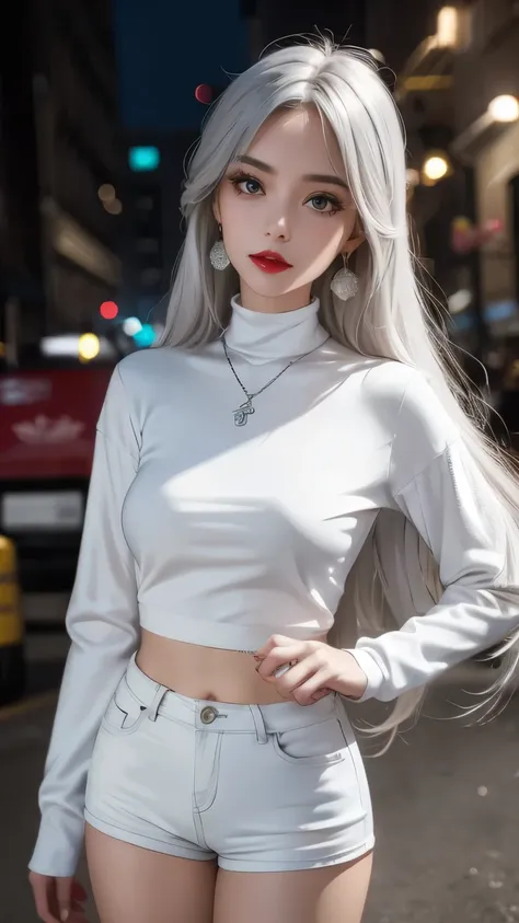 beautiful girl college student，masterpiece，light makeup，red lips，silver hair，messy long hair，street background，beautiful，grace。s...