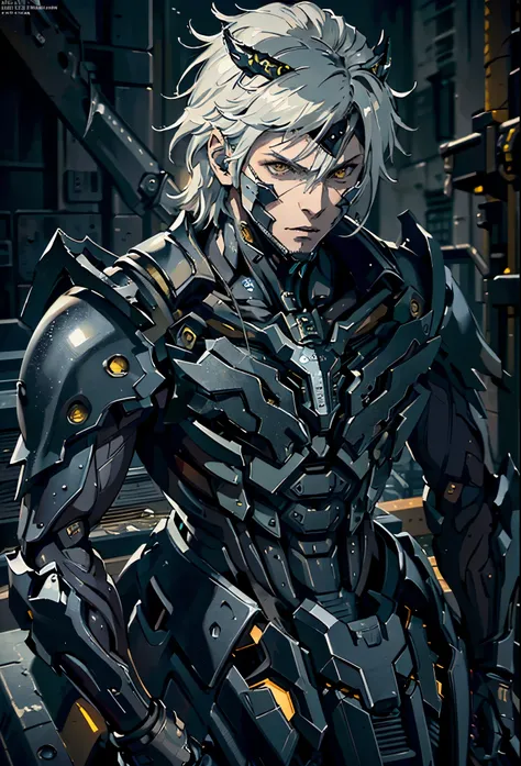 absurdres, highres, ultra detailed, HDR, masterpiece, extremely detailed face and eyes, extremely detailed features, Raiden, Metal gear rising, white spiky hair, yellow eyes, metal gear rising, final fantasy, solo, sexy man, handsome, cybernetic black arm...