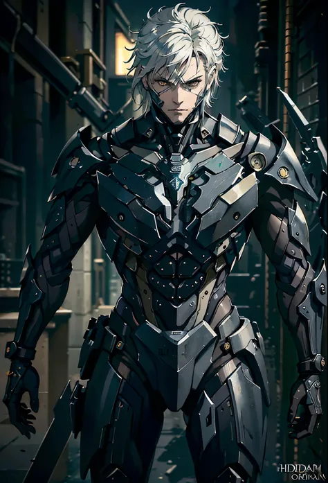 absurdres, highres, ultra detailed, HDR, masterpiece, extremely detailed face and eyes, extremely detailed features, Raiden, Metal gear rising, white spiky hair, yellow eyes, metal gear rising, final fantasy, solo, sexy man, handsome, cybernetic black arm...