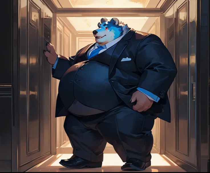  Very extremely morbid obese blue grizzly bear with very extremely massive overhang hyper belly,   very extremely overweight  , massive belly, chubby face,  chubby legs ,  chubby butt ,  stuck in a lift , scar on face, wears shoes , wears suit, Red Eyes 