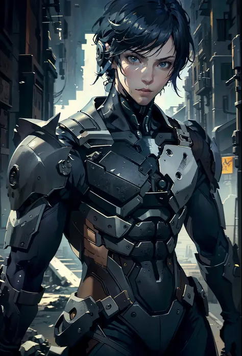 absurdres, highres, ultra detailed, HDR, masterpiece, extremely detailed face and eyes, extremely detailed features, Raiden, Metal gear rising, white spiky hair, yellow eyes, metal gear rising, final fantasy, solo, sexy man, handsome, cybernetic black arm...