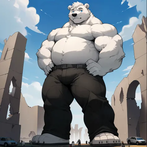 masterpiece,  best quality,  8k resolution ,  very detailed , hairy，(((polar bear))，(((reif)))，(((bart))),(((Fat)))，(((portrait)))，((( white hair)))，(((standing)))，(((black short sleeve ))),((( blue eyes)))，((( hands on hips)))，High quality scene ，(((Hip b...