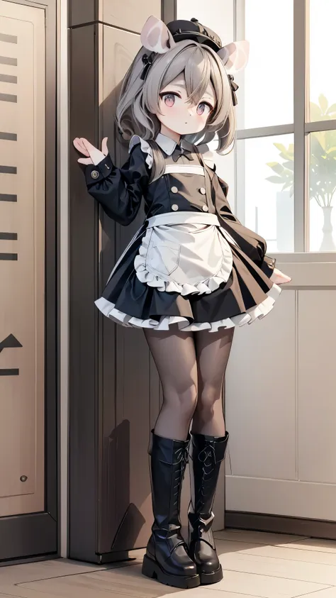 line-up，，koukornidome doll， black leather boots ，  white pantyhose ,maid costume