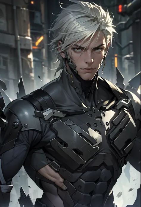 absurdres, highres, ultra detailed, HDR, masterpiece, extremely detailed face and eyes, extremely detailed features, Raiden, Metal gear rising, white spiky hair, yellow eyes, skinny, metal gear rising, final fantasy, solo, sexy man, handsome, cybernetic b...