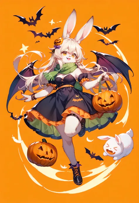 score_9, score_8_up, score_7_up, score_6_up, score_5_up, score_4_up, source_cartoon, best quality, amazing quality, very aesthetic, absurdres, 1girl, (furry, kemono:1.3), rabbit, rabbit girl, rabbit ears, flying pumpkin ghost, Flying pumpkin attacks woman,...