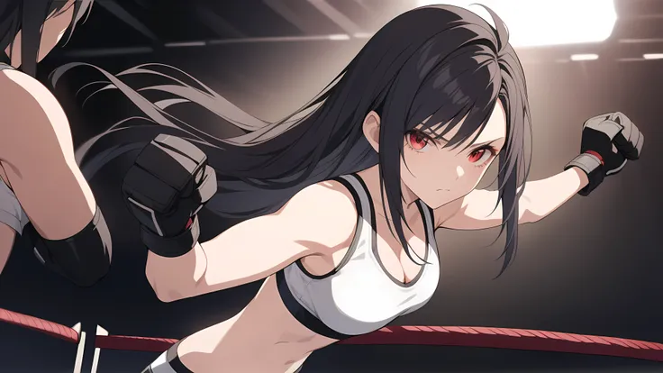 (Tifa Lockhart from Final Fantasy VII, black long hair, red eyes), (Age 25, Mature, cool and beautiful face, 1girl, solo), a beautiful, extremely detailed, detailed eyes, detailed iris, natural lighting, white sports bra, athlete spats, mma gloves, sleevel...