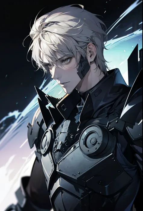 absurdres, highres, ultra detailed, HDR, masterpiece, extremely detailed face and eyes, extremely detailed features, Raiden, Metal gear rising,  white spiky hair, yellow eyes, metal gear rising, final fantasy, solo, sexy man, handsome, cybernetic black arm...