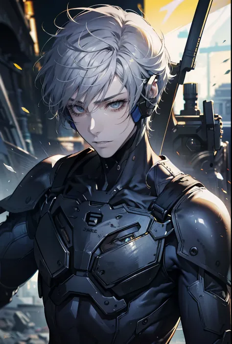 absurdres, highres, ultra detailed, HDR, masterpiece, extremely detailed face and eyes, extremely detailed features, Raiden, Metal gear rising,  white spiky hair, yellow eyes, metal gear rising, final fantasy, solo, sexy man, handsome, cybernetic black arm...