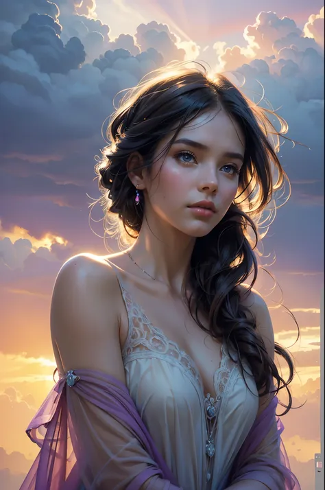 Whimsical Concept Art. Head and shoulders portrait. A woman formed by a formation of clouds gently kiss-blows her love to those that need it, surrounded by soft, white clouds. Ethereal and dreamy. Soft, pastel pink and purple hues with light blue accents, ...