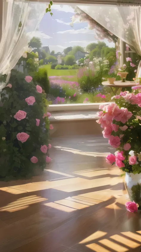 Morning sunshine ,  European-style windows, beautiful curtains, open a garden with a sea of pink flowers and meadows outside,  blue sky and white clouds , Dreamy bright light 