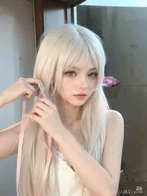 Blonde haired girl with long hair combing her long blonde hair, White hime cut hairstyle, Long white hair and bangs, with long white hair, Blonde anime girl with long hair, with long white hair, Long straight white hair, Real life anime girl, anime girl wi...