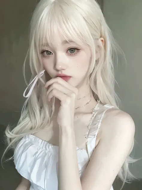 blonde girl with pink scissors in her mouth and a white dress, pale milky white porcelain skin, pale porcelain white skin,  real-life anime girl , long and white hair with bangs, young pale ghost, chica anime cosplay, extremely pale blonde hair, hime white...