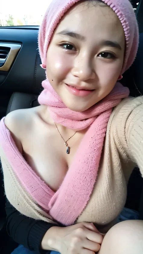 1 lady, 20 years old, best body,  wearing pink hijab, hijab covers whole hair, wearing brown sweater, off shoulder, warm lightin...