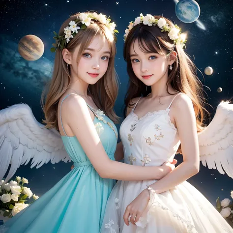 high quality, pastel painting, soft atmosphere, twin girls angels,  cute,  white wings , smile happily,  short brown hair in dif...